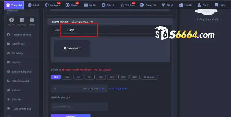Cách rút tiền S666 qua USDT