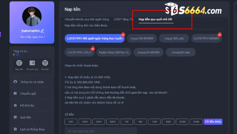 Nạp tiền vào S666 qua QR